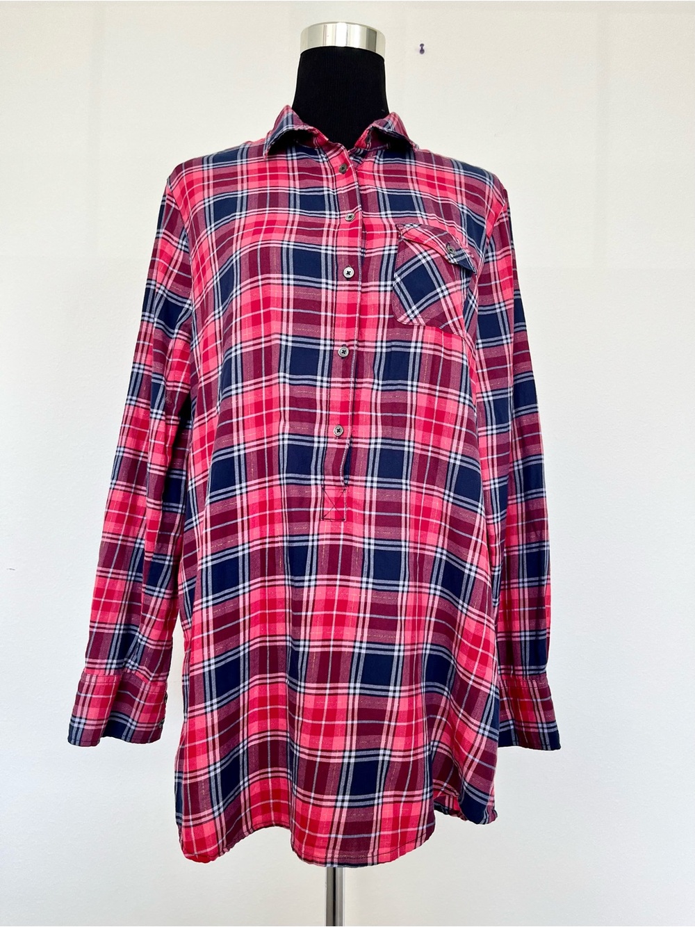 J.Crew Factory Plaid Women’s Popover Tunic Shirt Red Navy Size M